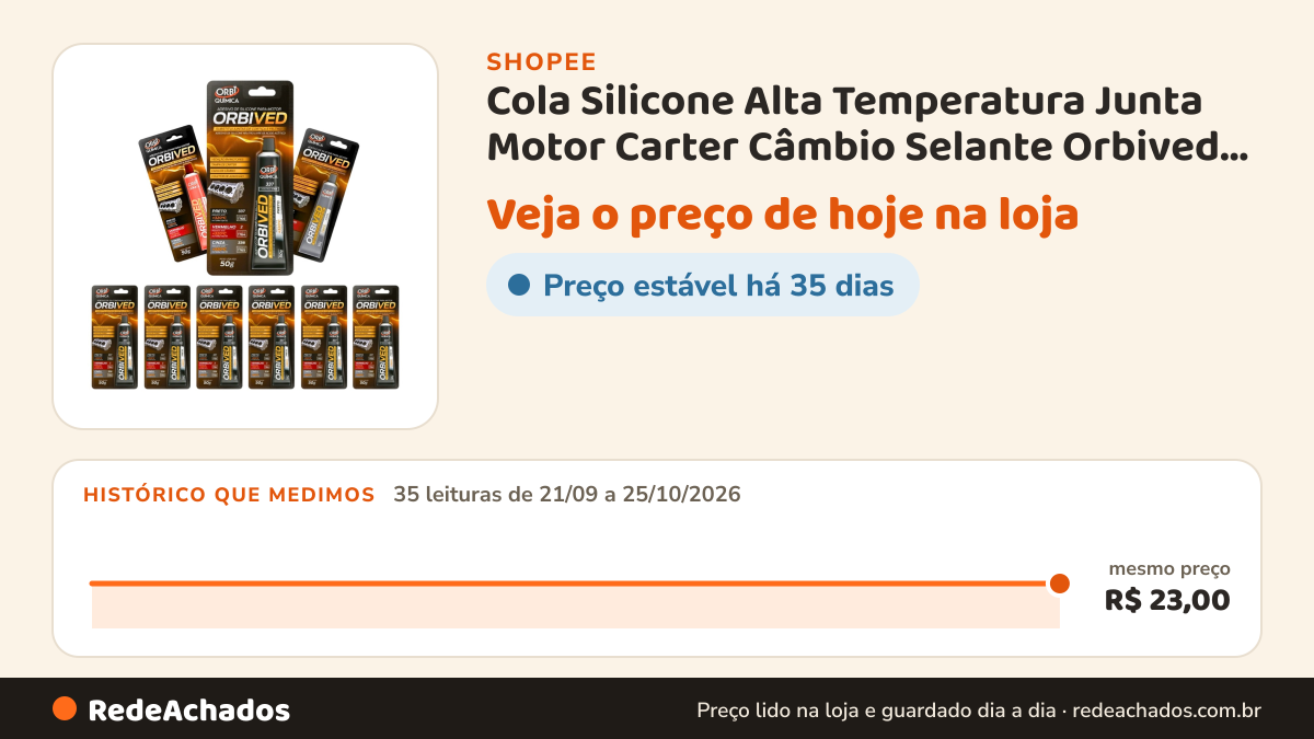 Histórico de preço de Cola Silicone Alta Temperatura Junta Motor Carter Câmbio Selante Orbived 50g Variações… na Shopee: 35 leituras de 21/09/2026 a 25/10/2026, mesmo preço, R$ 23,00, em todas