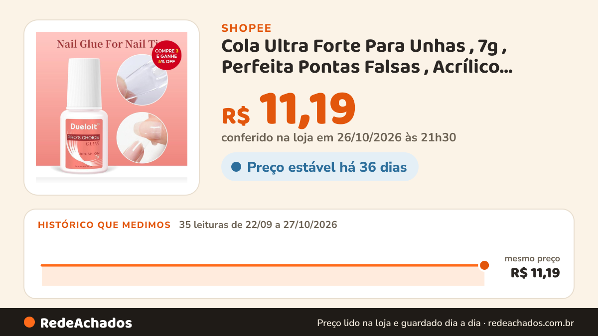 Histórico de preço de Cola Ultra Forte Para Unhas , 7g , Perfeita Pontas Falsas , Acrílico , Strass , Longa… na Shopee: 35 leituras de 22/09/2026 a 27/10/2026, mesmo preço, R$ 11,19, em todas; R$ 11,19 conferido em 26/10/2026 às 21h30