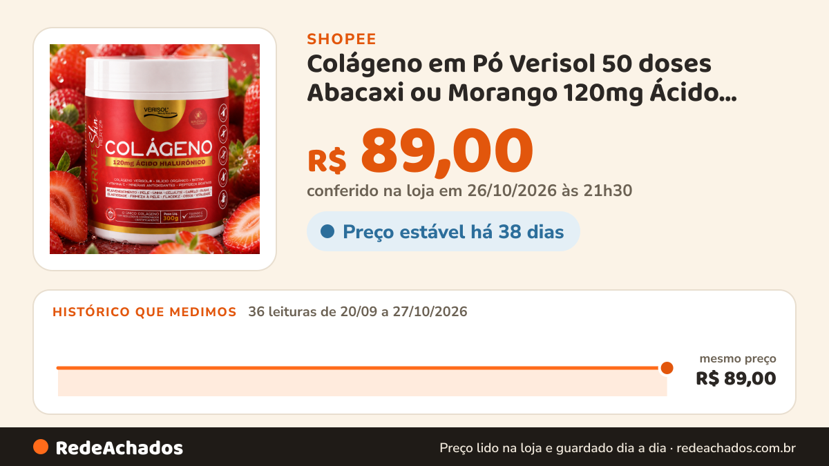 Histórico de preço de Colágeno em Pó Verisol 50 doses Abacaxi ou Morango 120mg Ácido Hialurônico Vitaminas Bem… na Shopee: 36 leituras de 20/09/2026 a 27/10/2026, mesmo preço, R$ 89,00, em todas; R$ 89,00 conferido em 26/10/2026 às 21h30