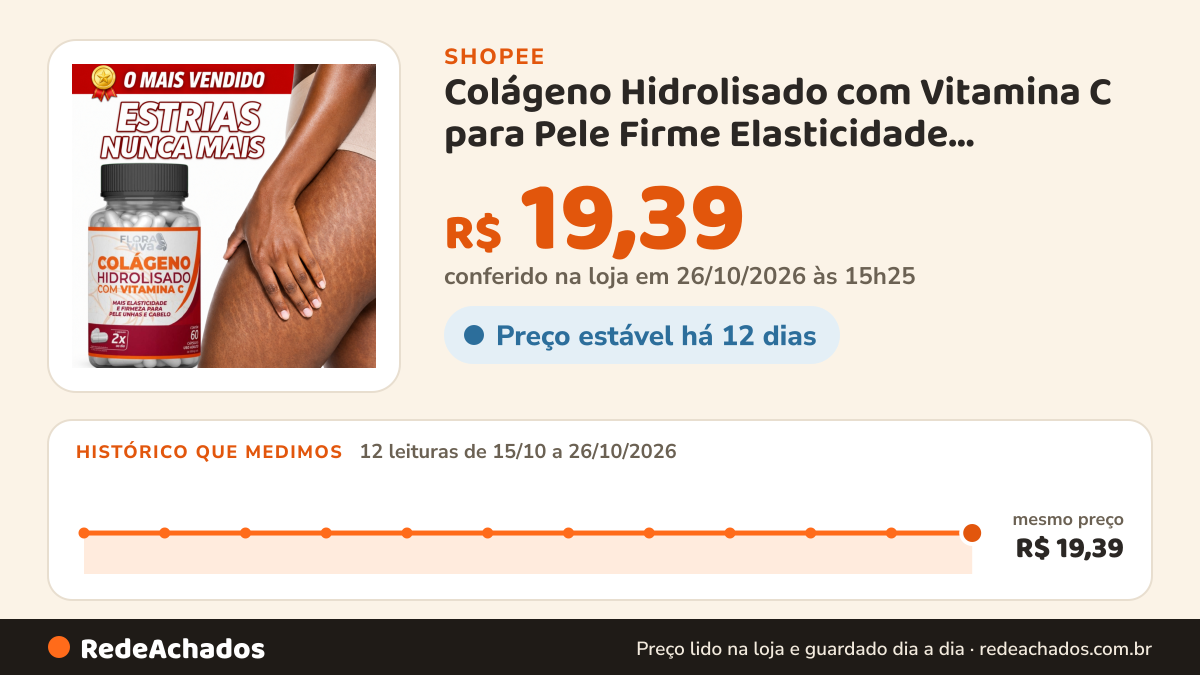 Histórico de preço de Colágeno Hidrolisado com Vitamina C para Pele Firme Elasticidade Hidratação Anti Flacidez na Shopee: 11 leituras de 15/10/2026 a 25/10/2026, mesmo preço, R$ 19,39, em todas; R$ 19,39 conferido em 25/10/2026 às 09h56