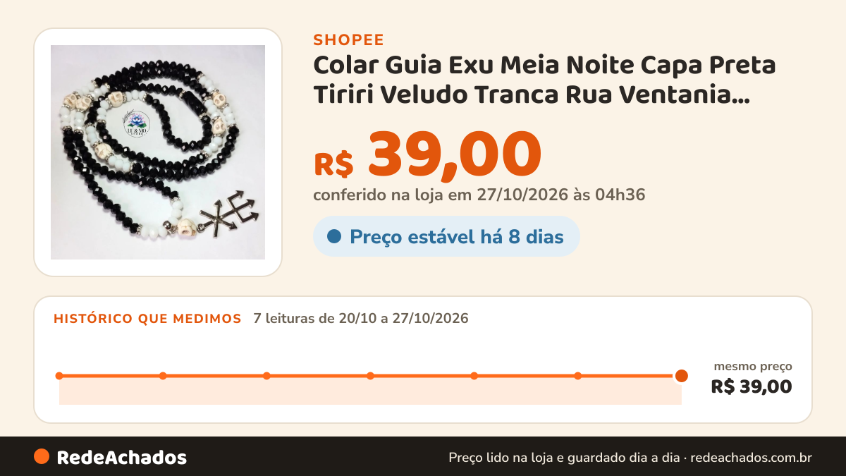 Histórico de preço de Colar Guia Exu Meia Noite Capa Preta Tiriri Veludo Tranca Rua Ventania Toda Cristal… na Shopee: 7 leituras de 20/10/2026 a 27/10/2026, mesmo preço, R$ 39,00, em todas; R$ 39,00 conferido em 27/10/2026 às 04h36