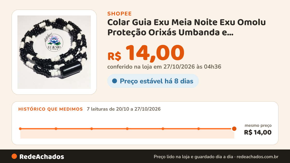 Histórico de preço de Colar Guia Exu Meia Noite Exu Omolu Proteção Orixás Umbanda e Candomblé Com e Sem Firma na Shopee: 7 leituras de 20/10/2026 a 27/10/2026, mesmo preço, R$ 14,00, em todas; R$ 14,00 conferido em 27/10/2026 às 04h36