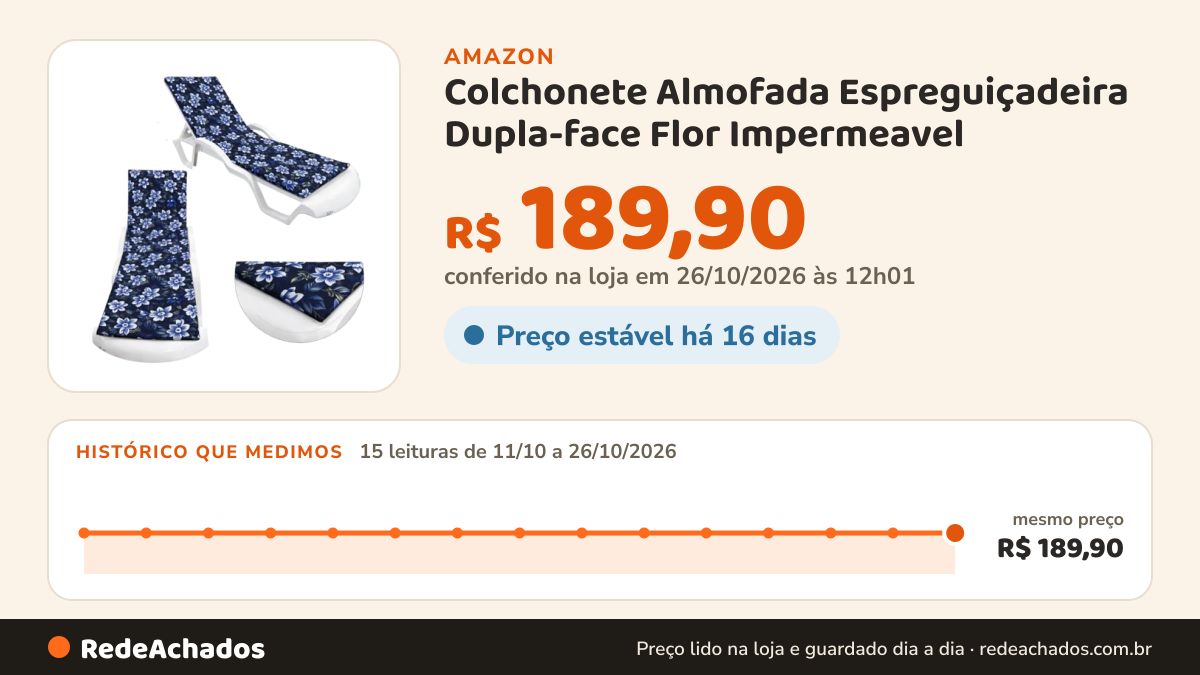 Histórico de preço de Colchonete Almofada Espreguiçadeira Dupla-face Flor Impermeavel na Amazon: 15 leituras de 11/10/2026 a 26/10/2026, mesmo preço, R$ 189,90, em todas; R$ 189,90 conferido em 26/10/2026 às 12h01