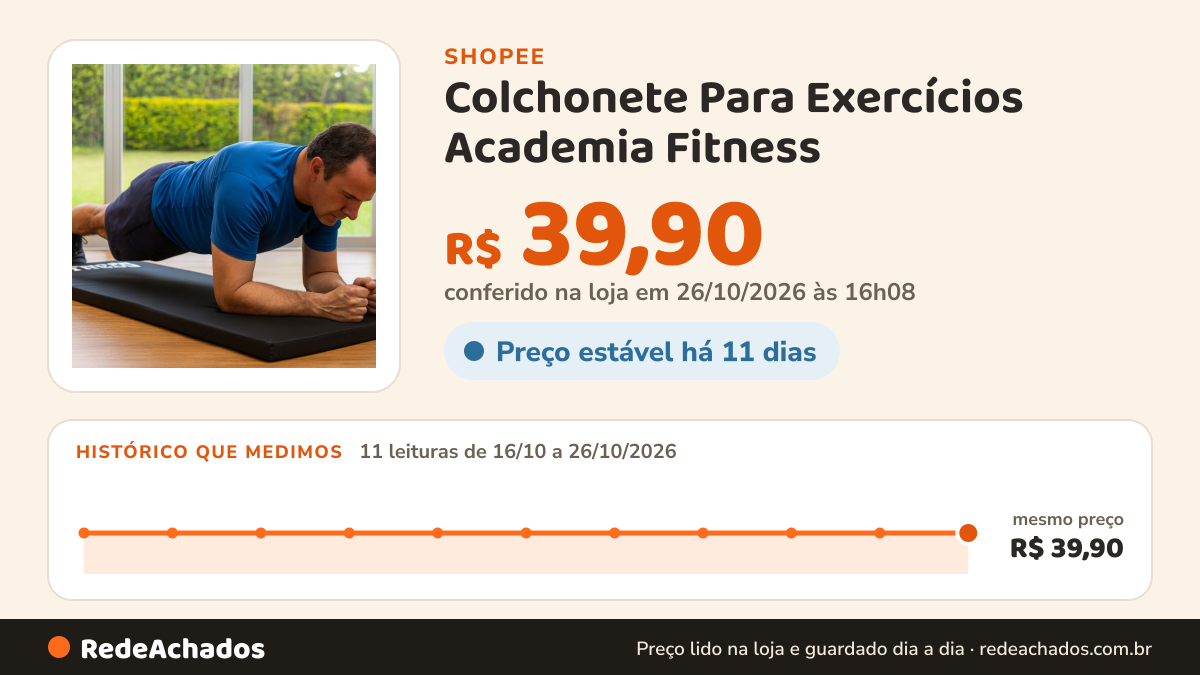 Histórico de preço de Colchonete Para Exercícios Academia Fitness na Shopee: 11 leituras de 16/10/2026 a 26/10/2026, mesmo preço, R$ 39,90, em todas; R$ 39,90 conferido em 26/10/2026 às 16h08