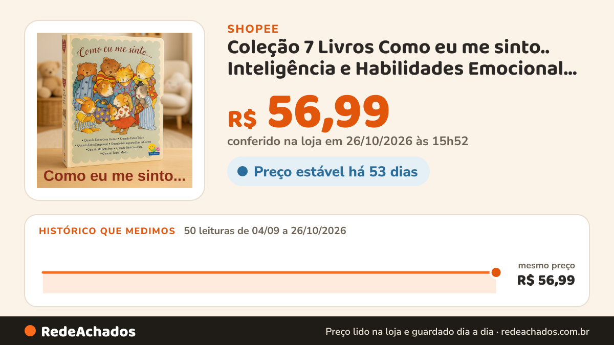 Histórico de preço de Coleção 7 Livros Como eu me sinto.. Inteligência e Habilidades Emocional Infantil Todo… na Shopee: 50 leituras de 04/09/2026 a 26/10/2026, mesmo preço, R$ 56,99, em todas; R$ 56,99 conferido em 26/10/2026 às 15h52