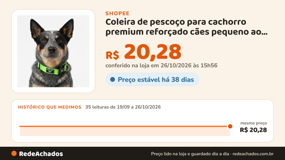 Histórico de preço de Coleira de pescoço para cachorro premium reforçado cães pequeno ao grande porte… na Shopee: 35 leituras de 19/09/2026 a 26/10/2026, mesmo preço, R$ 20,28, em todas; R$ 20,28 conferido em 26/10/2026 às 15h56