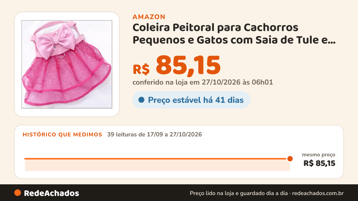 Histórico de preço de Coleira Peitoral para Cachorros Pequenos e Gatos com Saia de Tule e Guia (ROSA TRANSP.,P) na Amazon: 38 leituras de 17/09/2026 a 25/10/2026, mesmo preço, R$ 85,15, em todas
