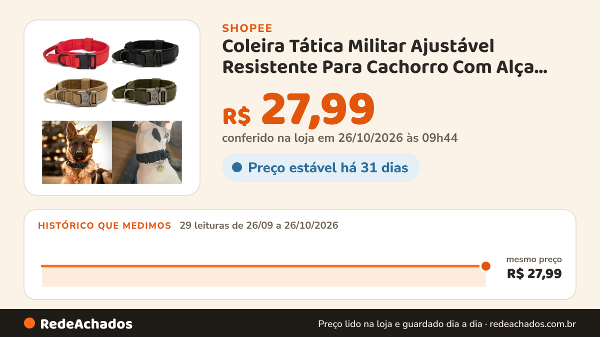 Histórico de preço de Coleira Tática Militar Ajustável Resistente Para Cachorro Com Alça Treinamento Pet Grande… na Shopee: 29 leituras de 26/09/2026 a 26/10/2026, mesmo preço, R$ 27,99, em todas; R$ 27,99 conferido em 26/10/2026 às 09h44