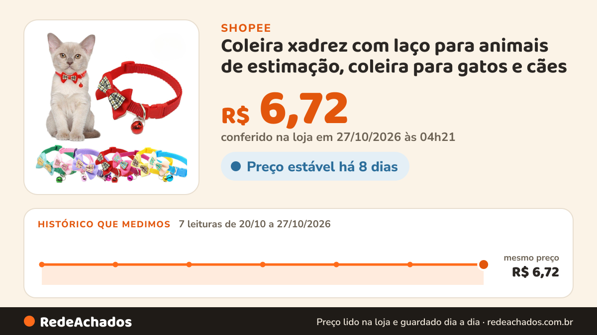 Histórico de preço de Coleira xadrez com laço para animais de estimação, coleira para gatos e cães na Shopee: 7 leituras de 20/10/2026 a 27/10/2026, mesmo preço, R$ 6,72, em todas; R$ 6,72 conferido em 27/10/2026 às 04h21