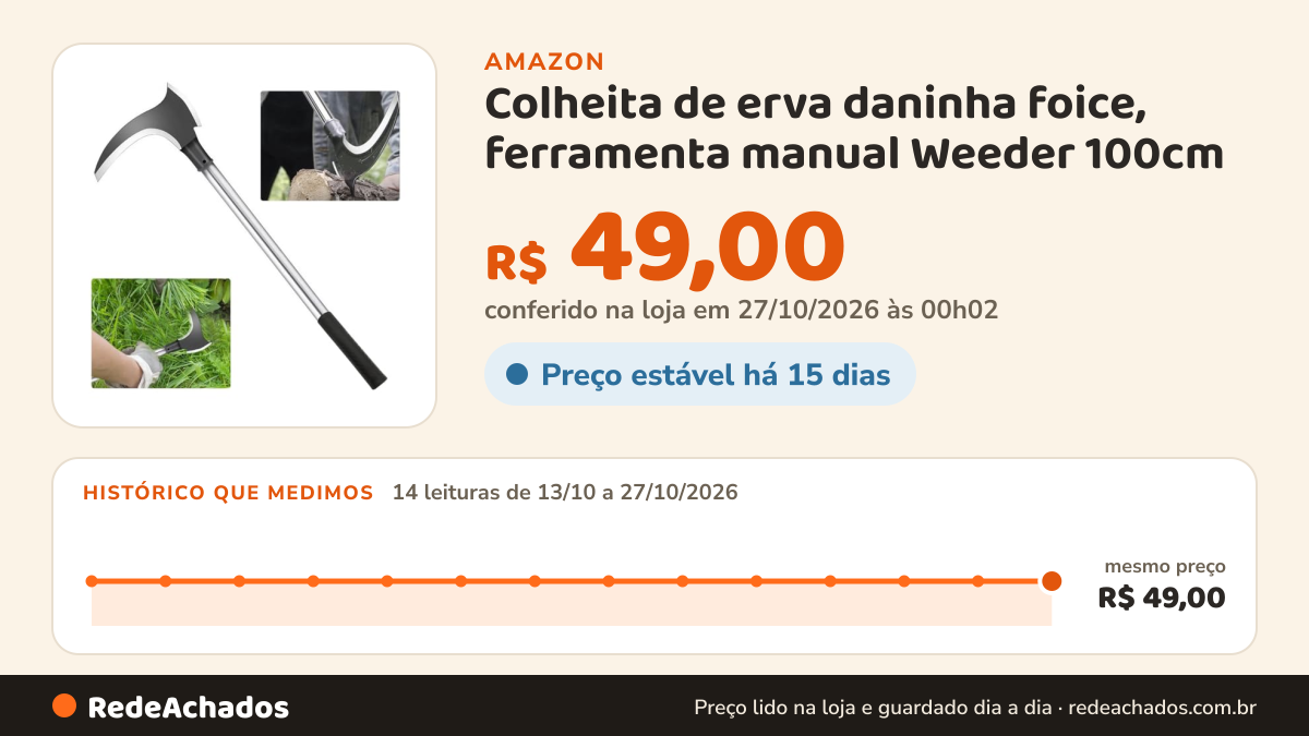 Histórico de preço de Colheita de erva daninha foice, ferramenta manual Weeder 100cm na Amazon: 14 leituras de 13/10/2026 a 27/10/2026, mesmo preço, R$ 49,00, em todas; R$ 49,00 conferido em 27/10/2026 às 00h02