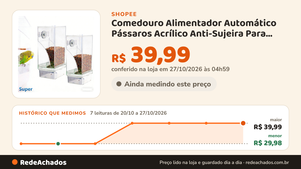 Histórico de preço de Comedouro Alimentador Automático Pássaros Acrílico Anti-Sujeira Para Calopsita Canário… na Shopee: 7 leituras de 20/10/2026 a 27/10/2026, menor R$ 29,98, maior R$ 39,99; R$ 39,99 conferido em 27/10/2026 às 04h59
