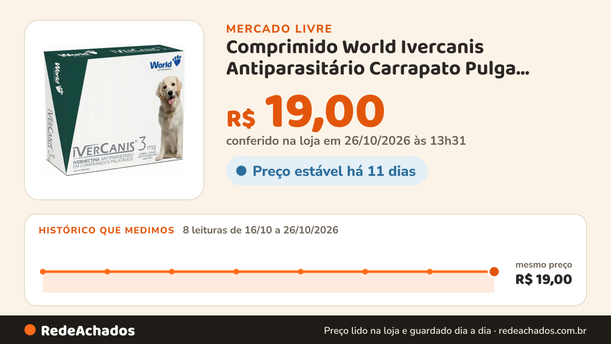 Histórico de preço de Comprimido World Ivercanis Antiparasitário Carrapato Pulga Sarnicida 7.5kg-15kg no Mercado Livre: 8 leituras de 16/10/2026 a 26/10/2026, mesmo preço, R$ 19,00, em todas; R$ 19,00 conferido em 26/10/2026 às 13h31