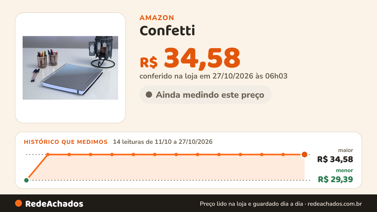 Histórico de preço de Confetti - Caderno Universitário Splash 10x1 160 Folhas Pautado Capa Cinza na Amazon: 14 leituras de 11/10/2026 a 27/10/2026, menor R$ 29,39, maior R$ 34,58; R$ 34,58 conferido em 27/10/2026 às 06h03