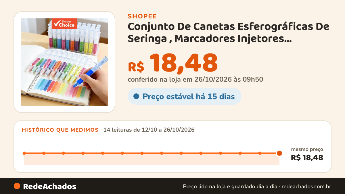 Histórico de preço de Conjunto De Canetas Esferográficas De Seringa , Marcadores Injetores Peculiares , Escrita… na Shopee: 13 leituras de 12/10/2026 a 25/10/2026, mesmo preço, R$ 18,48, em todas; R$ 18,48 conferido em 25/10/2026 às 04h39