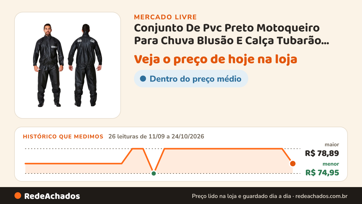Histórico de preço de Conjunto De Pvc Preto Motoqueiro Para Chuva Blusão E Calça Tubarão Equipamentos no Mercado Livre: 26 leituras de 11/09/2026 a 24/10/2026, menor R$ 74,95, maior R$ 78,89