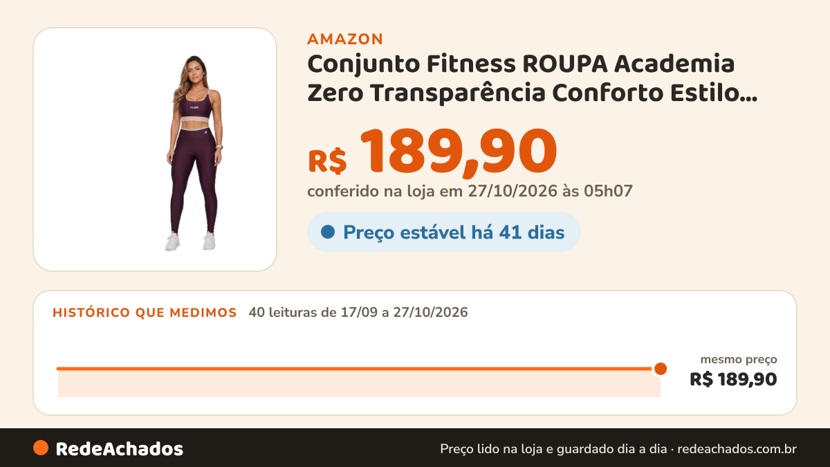 Histórico de preço de Conjunto Fitness ROUPA Academia Zero Transparência Conforto Estilo Bicolor Calça Cintura… na Amazon: 40 leituras de 17/09/2026 a 27/10/2026, mesmo preço, R$ 189,90, em todas; R$ 189,90 conferido em 27/10/2026 às 05h07
