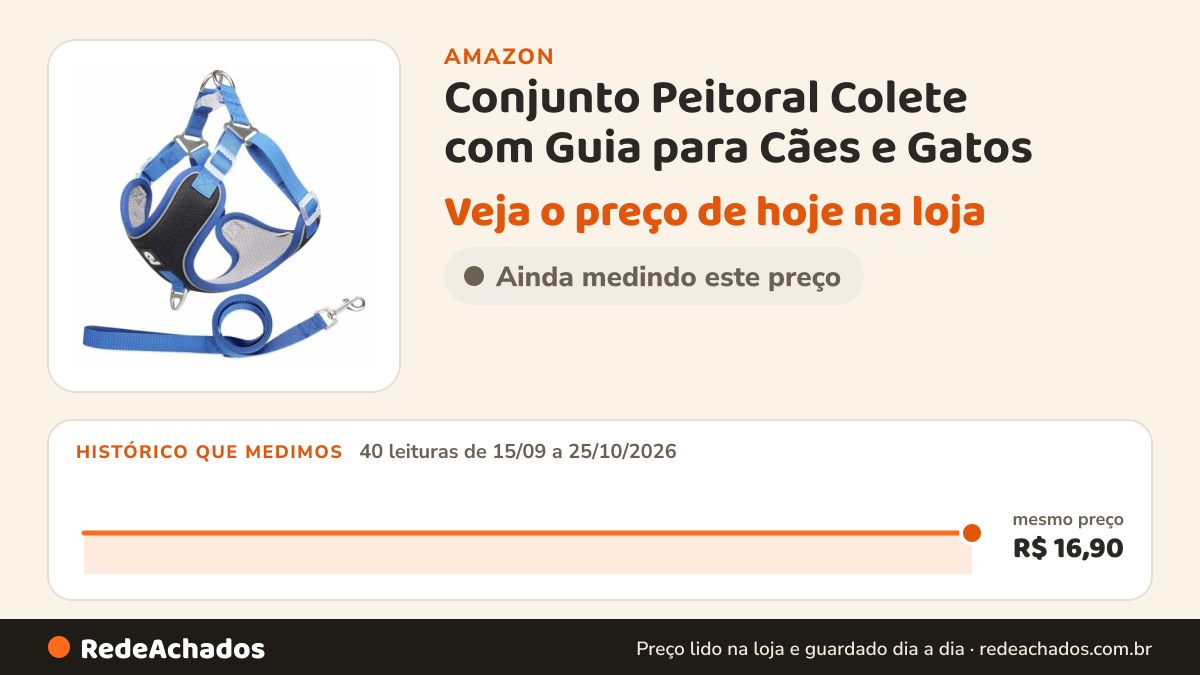 Histórico de preço de Conjunto Peitoral Colete com Guia para Cães e Gatos | Pequenos e Médios, Conforto no… na Amazon: 40 leituras de 15/09/2026 a 25/10/2026, mesmo preço, R$ 16,90, em todas