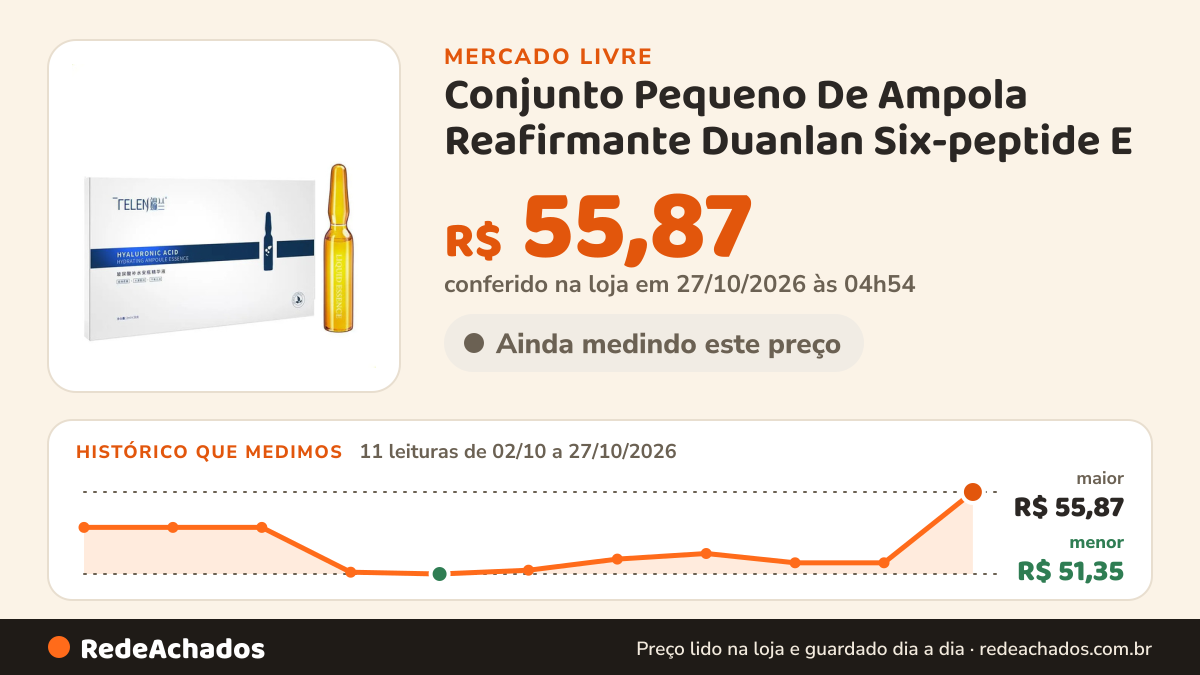 Histórico de preço de Conjunto Pequeno De Ampola Reafirmante Duanlan Six-peptide E no Mercado Livre: 10 leituras de 02/10/2026 a 26/10/2026, menor R$ 51,35, maior R$ 53,92