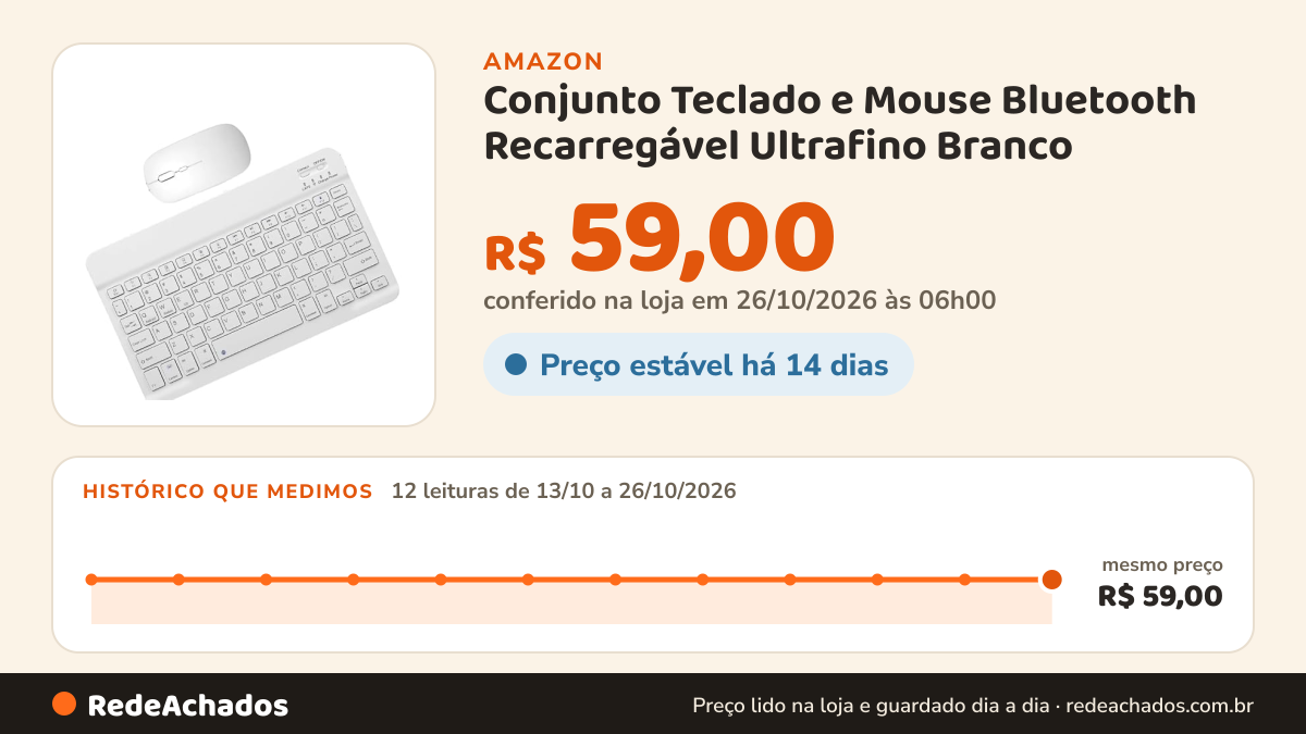 Histórico de preço de Conjunto Teclado e Mouse Bluetooth Recarregável Ultrafino Branco na Amazon: 12 leituras de 13/10/2026 a 26/10/2026, mesmo preço, R$ 59,00, em todas; R$ 59,00 conferido em 26/10/2026 às 06h00