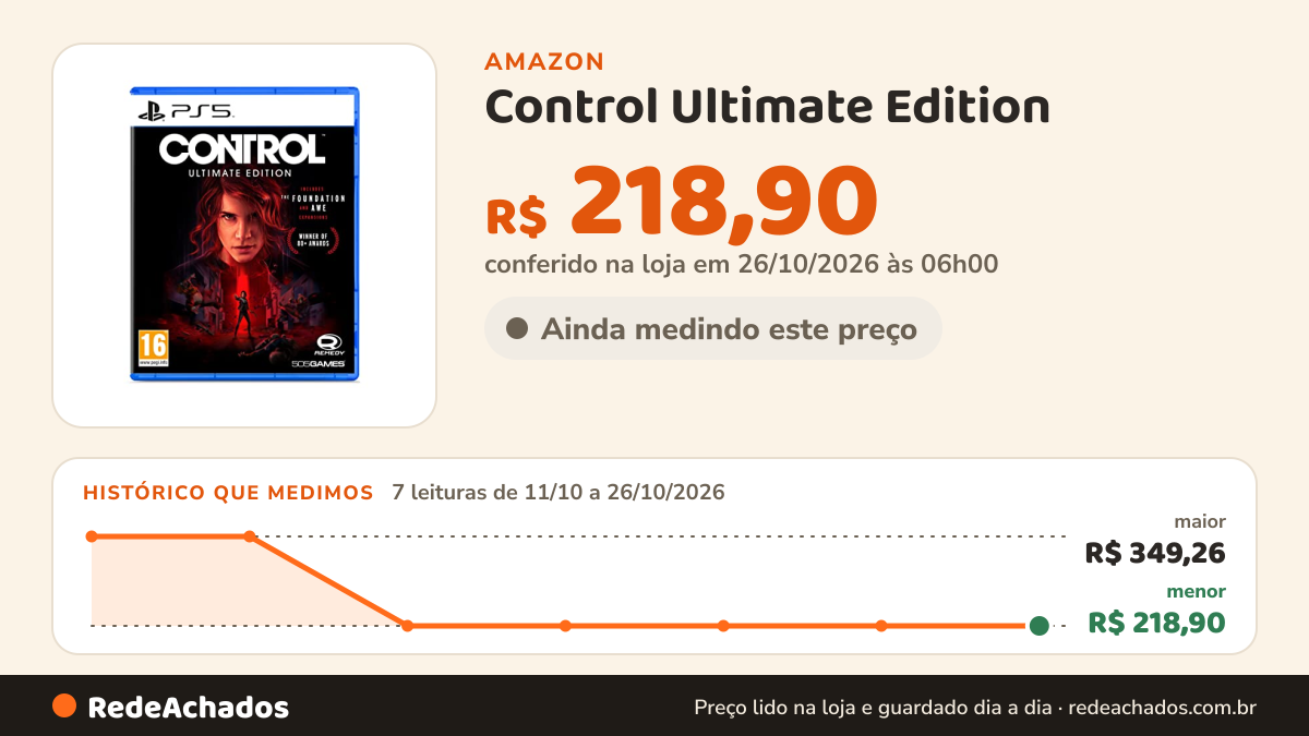 Histórico de preço de Control Ultimate Edition (PS5) na Amazon: 7 leituras de 11/10/2026 a 26/10/2026, menor R$ 218,90, maior R$ 349,26; R$ 218,90 conferido em 26/10/2026 às 06h00