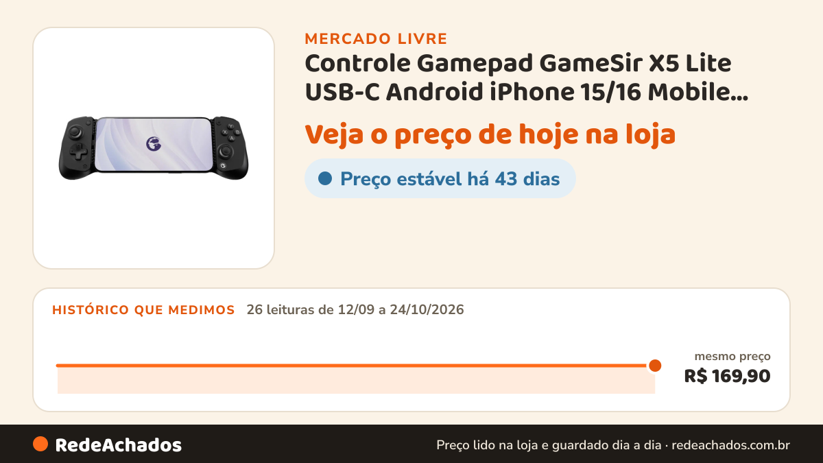 Histórico de preço de Controle Gamepad GameSir X5 Lite USB-C Android iPhone 15/16 Mobile Hall Effect T no Mercado Livre: 26 leituras de 12/09/2026 a 24/10/2026, mesmo preço, R$ 169,90, em todas