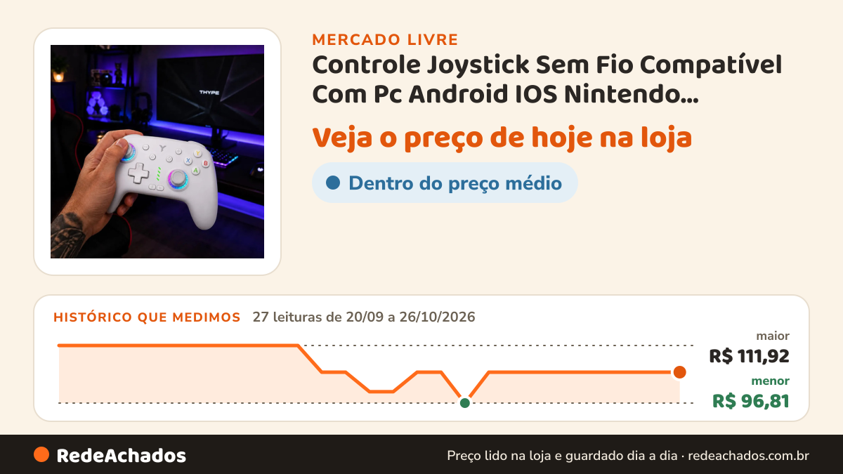 Histórico de preço de Controle Joystick Sem Fio Compatível Com Pc Android IOS Nintendo N-SWITCH Cor BRANCO THYPE no Mercado Livre: 27 leituras de 20/09/2026 a 26/10/2026, menor R$ 96,81, maior R$ 111,92