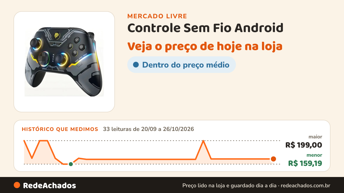 Histórico de preço de Controle Sem Fio Android / Ios Game Nitendo / Pc Easysmx X15 Cor Preto no Mercado Livre: 33 leituras de 20/09/2026 a 26/10/2026, menor R$ 159,19, maior R$ 199,00