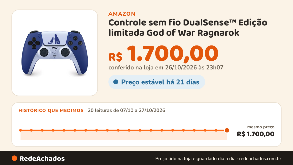 Histórico de preço de Controle sem fio DualSense™ Edição limitada God of War Ragnarok na Amazon: 20 leituras de 07/10/2026 a 27/10/2026, mesmo preço, R$ 1.700,00, em todas; R$ 1.700,00 conferido em 26/10/2026 às 23h07