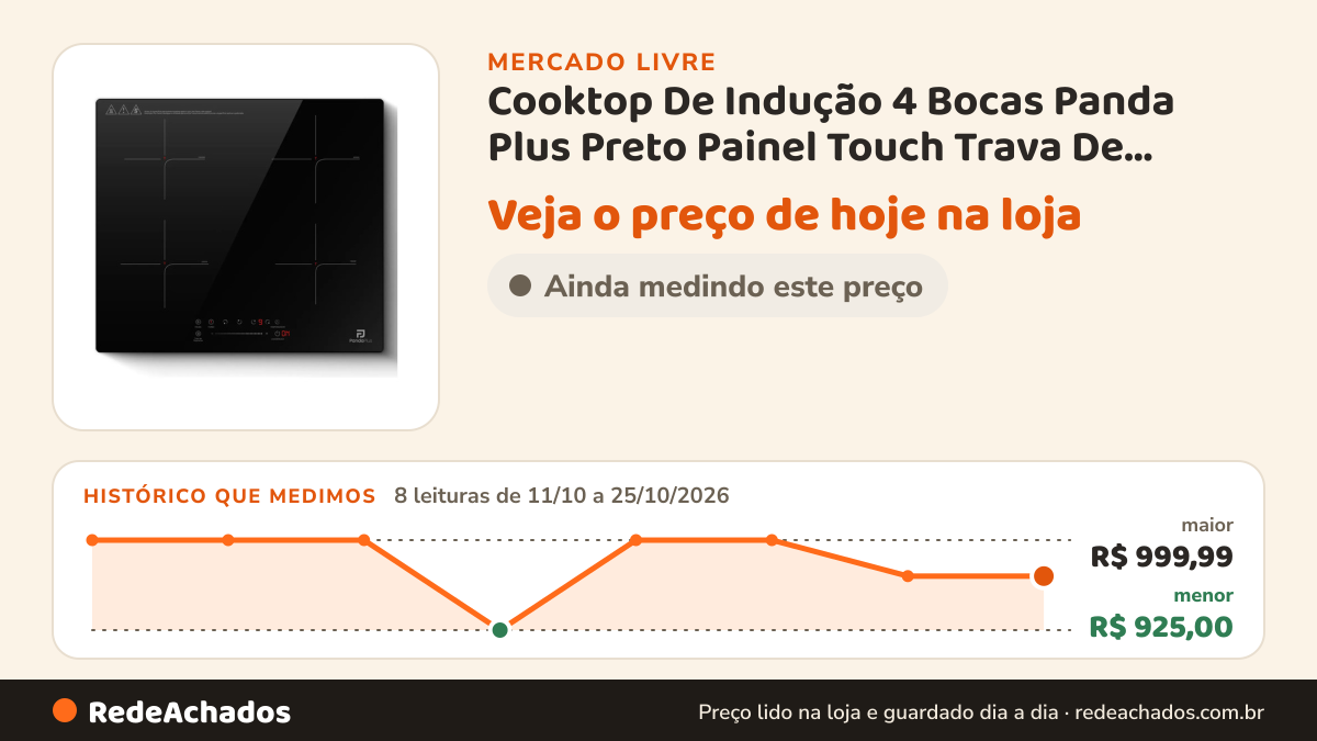 Histórico de preço de Cooktop De Indução 4 Bocas Panda Plus Preto Painel Touch Trava De Segurança Botã no Mercado Livre: 8 leituras de 11/10/2026 a 25/10/2026, menor R$ 925,00, maior R$ 999,99