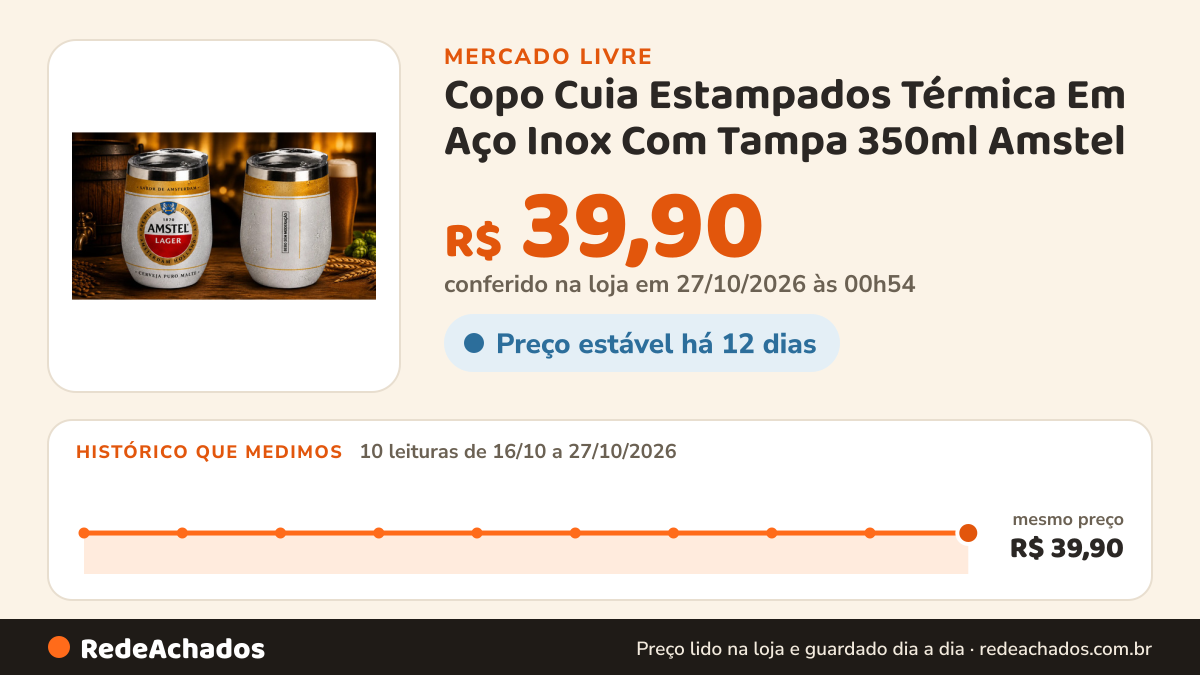Histórico de preço de Copo Cuia Estampados Térmica Em Aço Inox Com Tampa 350ml Amstel no Mercado Livre: 10 leituras de 16/10/2026 a 27/10/2026, mesmo preço, R$ 39,90, em todas; R$ 39,90 conferido em 27/10/2026 às 00h54