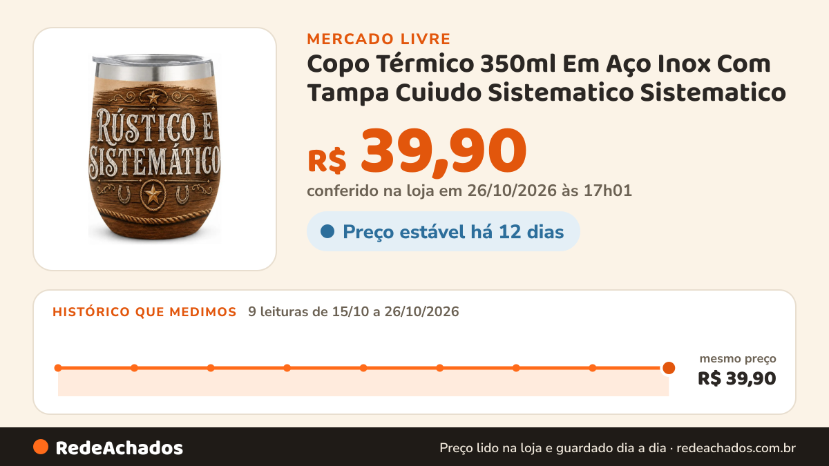Histórico de preço de Copo Térmico 350ml Em Aço Inox Com Tampa Cuiudo Sistematico Sistematico no Mercado Livre: 9 leituras de 15/10/2026 a 26/10/2026, mesmo preço, R$ 39,90, em todas; R$ 39,90 conferido em 26/10/2026 às 17h01