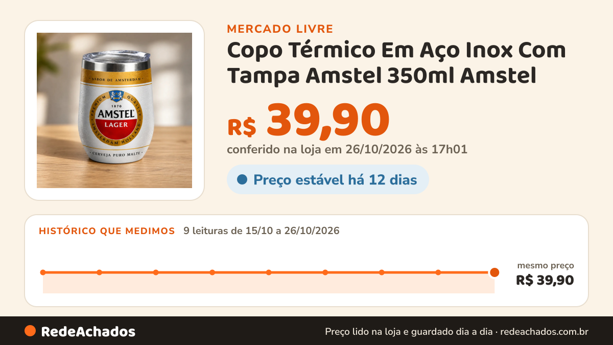 Histórico de preço de Copo Térmico Em Aço Inox Com Tampa Amstel 350ml Amstel no Mercado Livre: 9 leituras de 15/10/2026 a 26/10/2026, mesmo preço, R$ 39,90, em todas; R$ 39,90 conferido em 26/10/2026 às 17h01