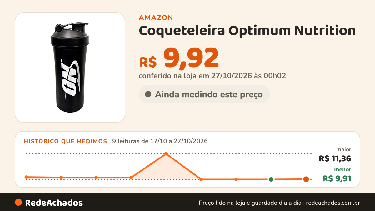 Histórico de preço de Coqueteleira Optimum Nutrition - 700ml - Preta Optimum Nutrition na Amazon: 9 leituras de 17/10/2026 a 27/10/2026, menor R$ 9,91, maior R$ 11,36; R$ 9,92 conferido em 27/10/2026 às 00h02
