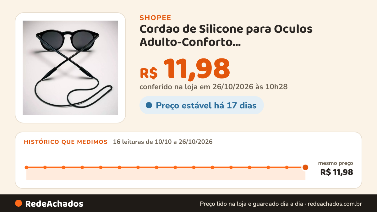 Histórico de preço de Cordao de Silicone para Oculos Adulto-Conforto /Seguranca/Ajustavel/Estiloso/Esportes Nova na Shopee: 16 leituras de 10/10/2026 a 26/10/2026, mesmo preço, R$ 11,98, em todas; R$ 11,98 conferido em 26/10/2026 às 10h28