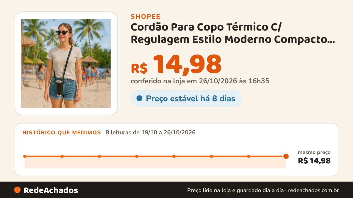 Histórico de preço de Cordão Para Copo Térmico C/ Regulagem Estilo Moderno Compacto Envio Já na Shopee: 7 leituras de 19/10/2026 a 25/10/2026, mesmo preço, R$ 14,98, em todas; R$ 14,98 conferido em 25/10/2026 às 15h23
