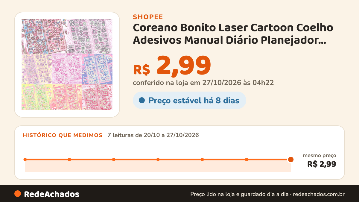 Histórico de preço de Coreano Bonito Laser Cartoon Coelho Adesivos Manual Diário Planejador Scrapbook Papelaria… na Shopee: 7 leituras de 20/10/2026 a 27/10/2026, mesmo preço, R$ 2,99, em todas; R$ 2,99 conferido em 27/10/2026 às 04h22
