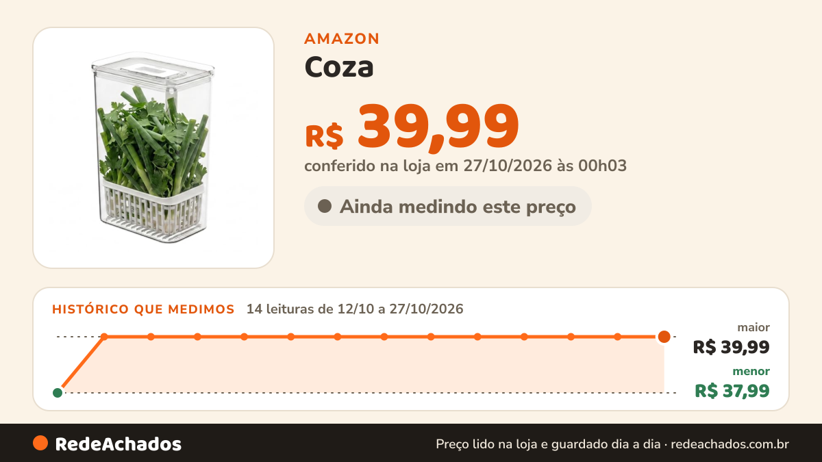 Histórico de preço de Coza - Organizador para Temperos 2,3L Dry - Cristal na Amazon: 14 leituras de 12/10/2026 a 27/10/2026, menor R$ 37,99, maior R$ 39,99; R$ 39,99 conferido em 27/10/2026 às 00h03