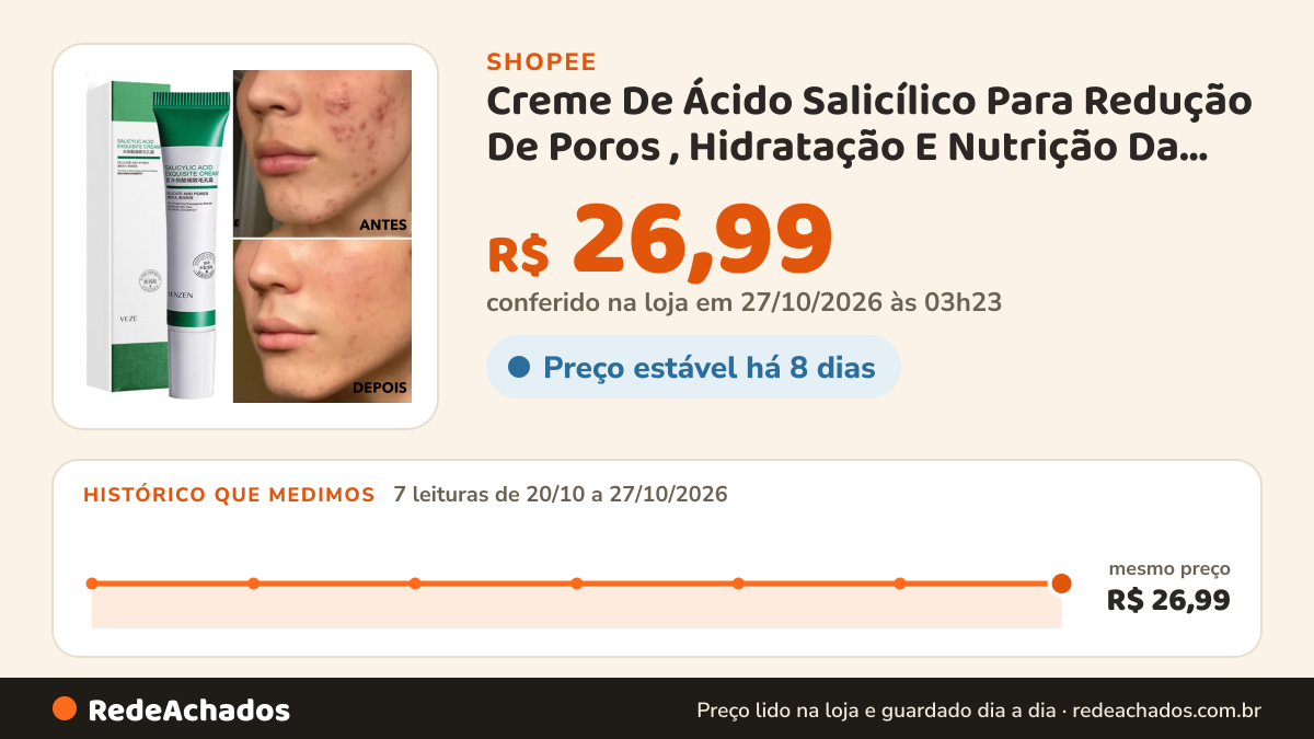 Histórico de preço de Creme De Ácido Salicílico Para Redução De Poros , Hidratação E Nutrição Da Pele-Hidratante… na Shopee: 7 leituras de 20/10/2026 a 27/10/2026, mesmo preço, R$ 26,99, em todas; R$ 26,99 conferido em 27/10/2026 às 03h23