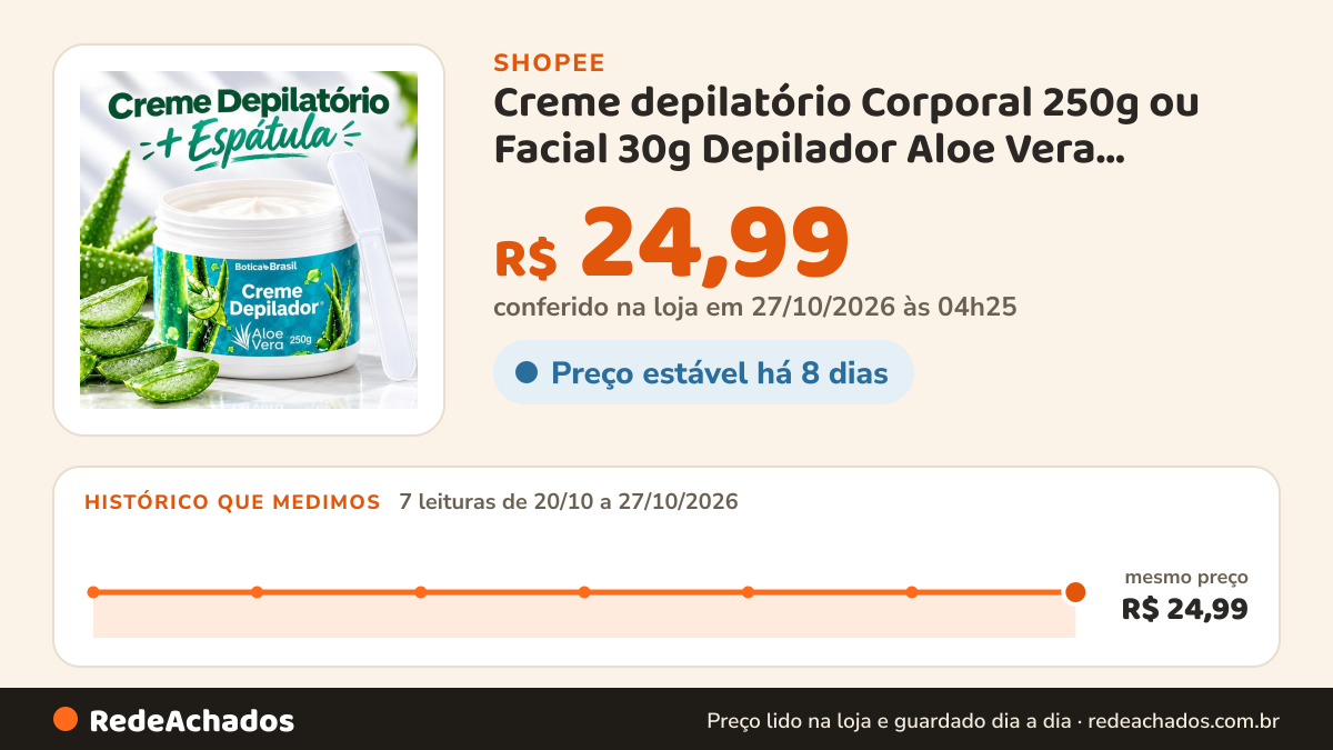 Histórico de preço de Creme depilatório Corporal 250g ou Facial 30g Depilador Aloe Vera Depilação Botica Brasil… na Shopee: 7 leituras de 20/10/2026 a 27/10/2026, mesmo preço, R$ 24,99, em todas; R$ 24,99 conferido em 27/10/2026 às 04h25