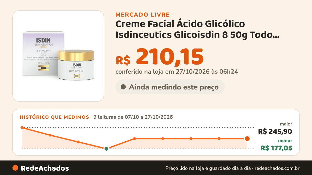 Histórico de preço de Creme Facial Ácido Glicólico Isdinceutics Glicoisdin 8 50g Todo Tipo De Pele no Mercado Livre: 9 leituras de 07/10/2026 a 27/10/2026, menor R$ 177,05, maior R$ 245,90; R$ 210,15 conferido em 27/10/2026 às 06h24