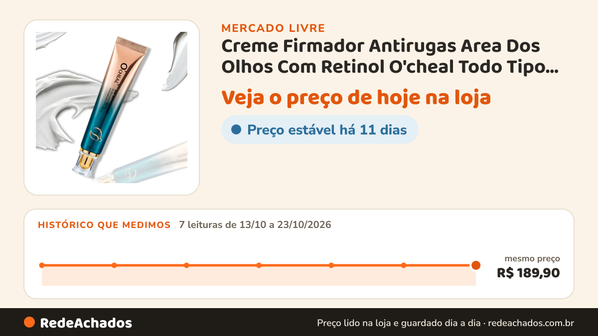 Histórico de preço de Creme Firmador Antirugas Area Dos Olhos Com Retinol O'cheal Todo Tipo De Pele Dia/noite no Mercado Livre: 7 leituras de 13/10/2026 a 23/10/2026, mesmo preço, R$ 189,90, em todas