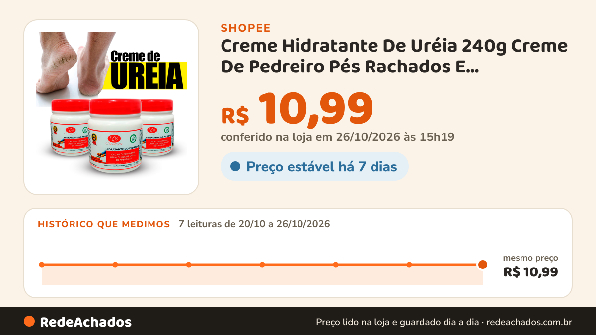 Histórico de preço de Creme Hidratante De Uréia 240g Creme De Pedreiro Pés Rachados E Ressecados na Shopee: 7 leituras de 20/10/2026 a 26/10/2026, mesmo preço, R$ 10,99, em todas; R$ 10,99 conferido em 26/10/2026 às 15h19
