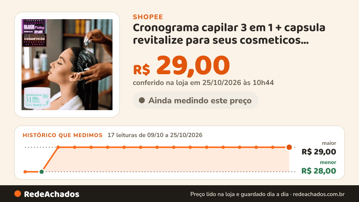 Histórico de preço de Cronograma capilar 3 em 1 + capsula revitalize para seus cosmeticos alisamento e botox… na Shopee: 17 leituras de 09/10/2026 a 25/10/2026, menor R$ 28,00, maior R$ 29,00; R$ 29,00 conferido em 25/10/2026 às 10h44