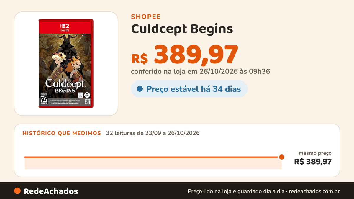 Histórico de preço de Culdcept Begins na Shopee: 32 leituras de 23/09/2026 a 26/10/2026, mesmo preço, R$ 389,97, em todas; R$ 389,97 conferido em 26/10/2026 às 09h36