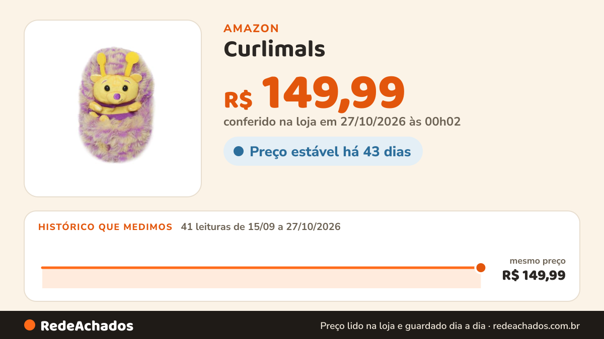 Histórico de preço de Curlimals - Buzzle A Abelha na Amazon: 41 leituras de 15/09/2026 a 27/10/2026, mesmo preço, R$ 149,99, em todas; R$ 149,99 conferido em 27/10/2026 às 00h02