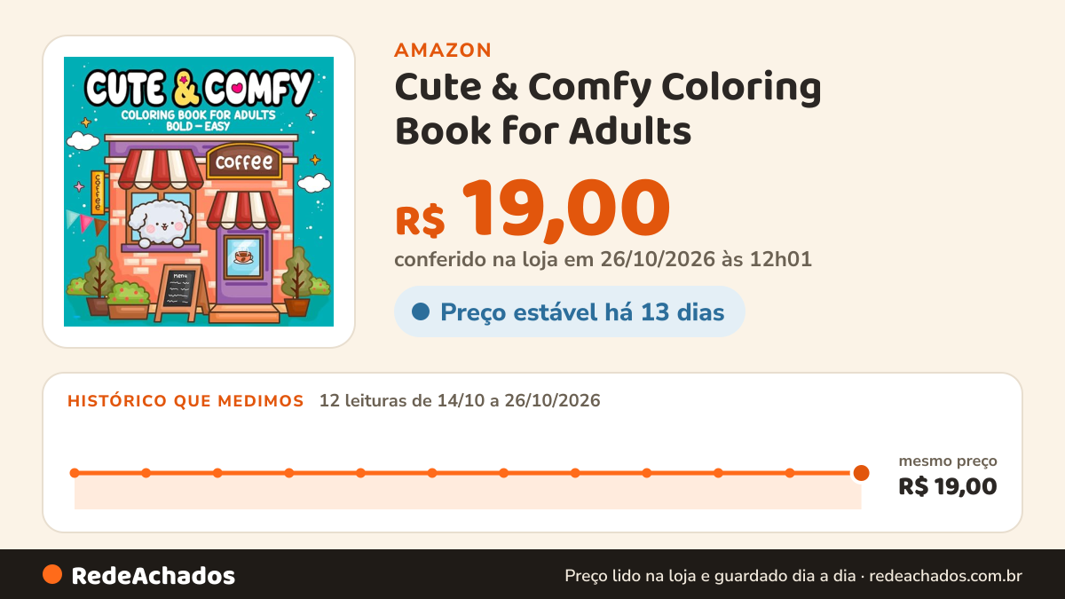 Histórico de preço de Cute & Comfy Coloring Book for Adults - Bold Easy - Livro de Colorir Adulto na Amazon: 12 leituras de 14/10/2026 a 26/10/2026, mesmo preço, R$ 19,00, em todas; R$ 19,00 conferido em 26/10/2026 às 12h01
