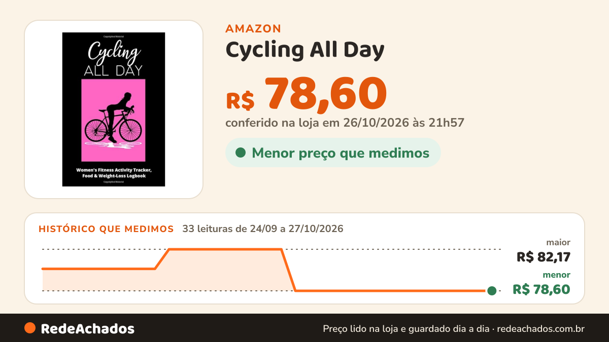 Histórico de preço de Cycling All Day - Women's Fitness Activity Tracker, Food & Weight-Loss Logbook: Exercise… na Amazon: 33 leituras de 24/09/2026 a 27/10/2026, menor R$ 78,60, maior R$ 82,17; R$ 78,60 conferido em 26/10/2026 às 21h57