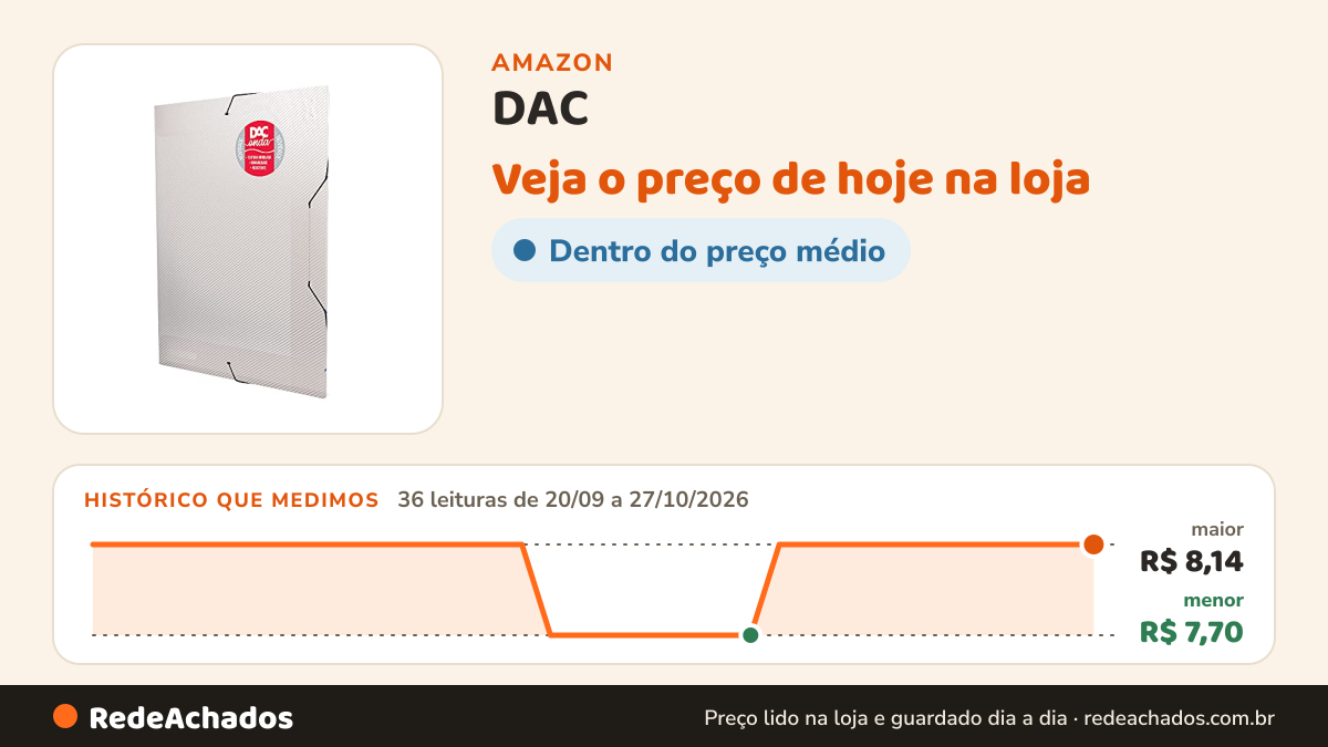 Histórico de preço de DAC - Pasta Aba Elástica Sem Lombo - Ofício Onda na Amazon: 35 leituras de 20/09/2026 a 26/10/2026, menor R$ 7,70, maior R$ 8,14; R$ 8,14 conferido em 26/10/2026 às 05h59