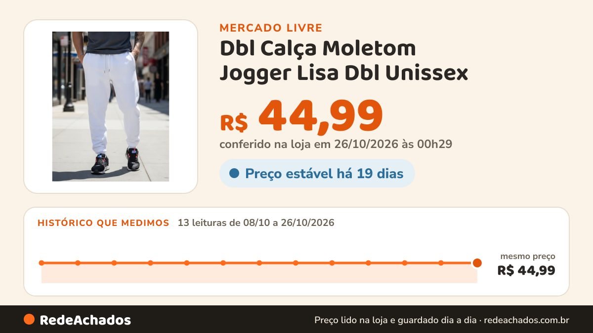 Histórico de preço de Dbl Calça Moletom Jogger Lisa Dbl Unissex no Mercado Livre: 13 leituras de 08/10/2026 a 26/10/2026, mesmo preço, R$ 44,99, em todas; R$ 44,99 conferido em 26/10/2026 às 00h29