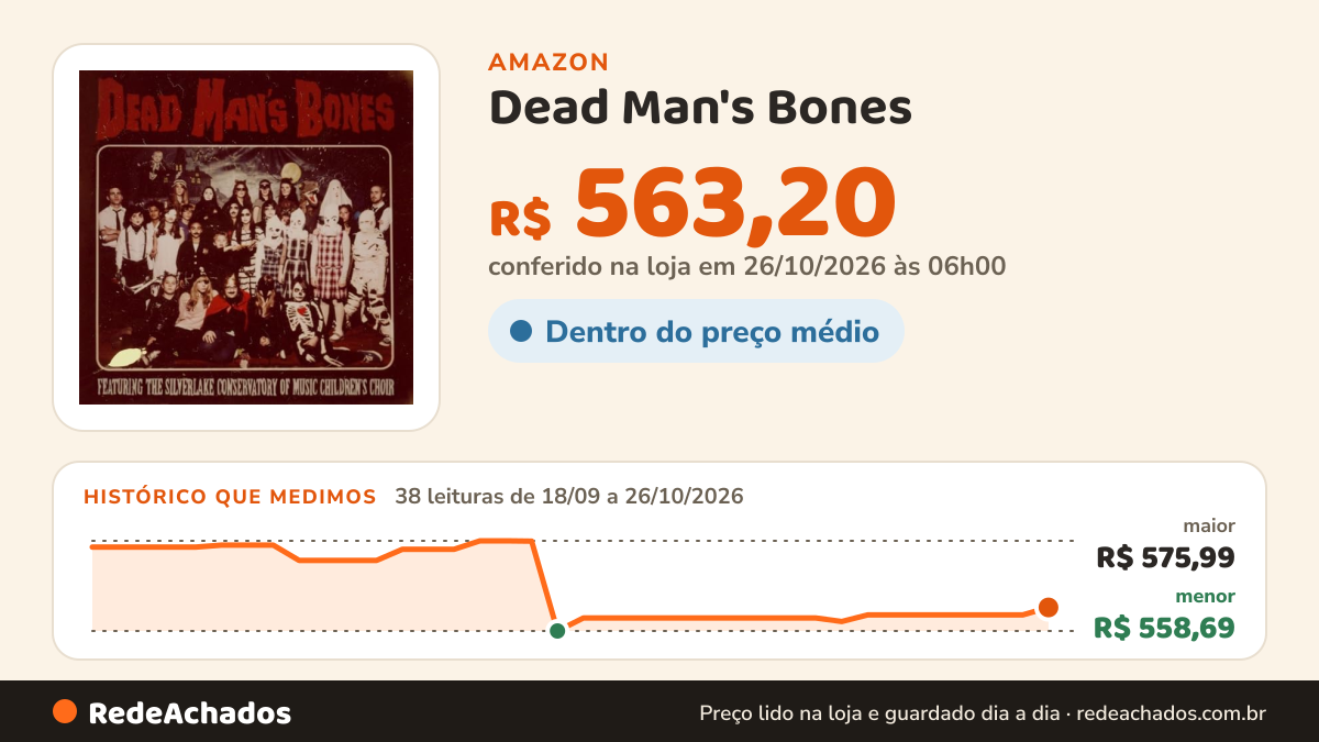 Histórico de preço de Dead Man's Bones na Amazon: 38 leituras de 18/09/2026 a 26/10/2026, menor R$ 558,69, maior R$ 575,99; R$ 563,20 conferido em 26/10/2026 às 06h00